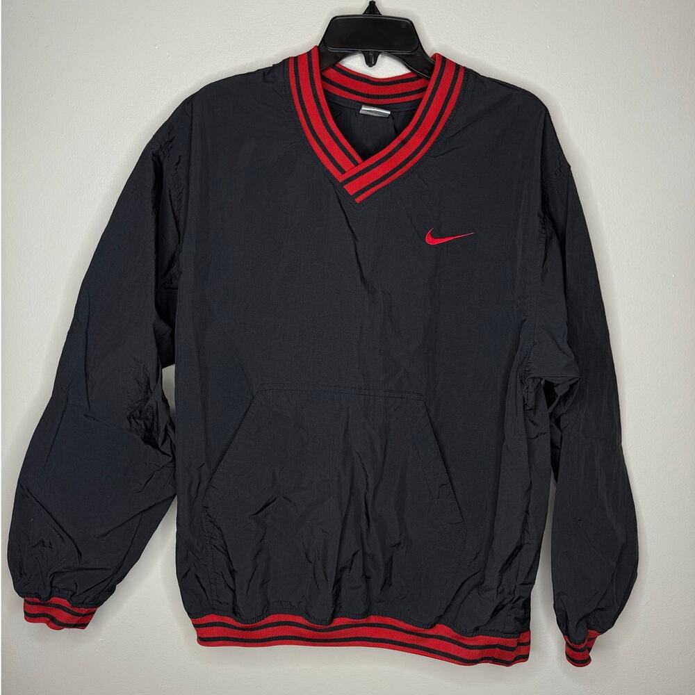 Nike Men’s XL Black Red Swoosh V-Neck Windbreaker Pullover | Retro 90s Style
